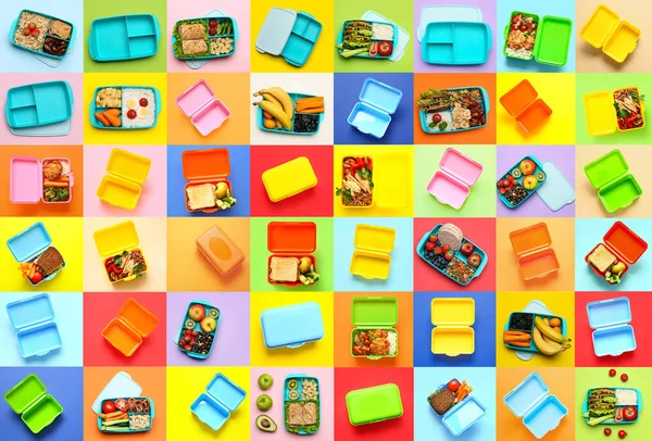 Set Plastic Lunch Boxes Healthy Food Color Background Top View —  Fotos de Stock