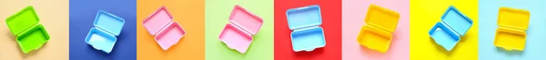 Set Empty Lunch Boxes Color Background Top View — 图库照片