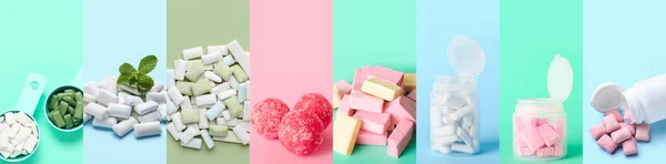 Collage Different Chewing Gums Color Background — Fotografia de Stock