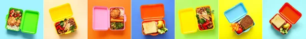 Set Lunch Boxes Tasty Food Color Background Top View — Foto Stock