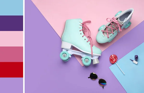 Vintage Roller Skates Lollipop Accessories Color Background Different Color Patterns — Fotografia de Stock