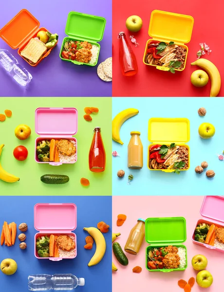 Collection Lunch Boxes Fresh Food Drinks Color Background Top View — 图库照片