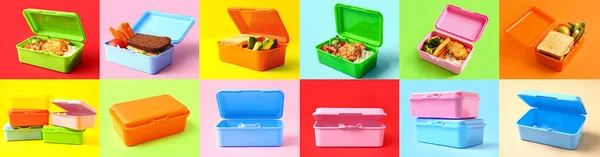 Collection of lunch boxes with healthy food on color background