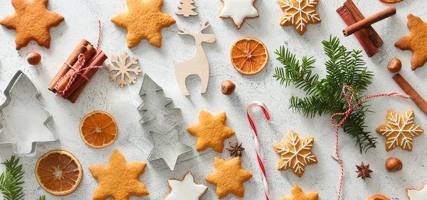 Composition Tasty Christmas Cookies Light Background Pattern Design — Foto Stock
