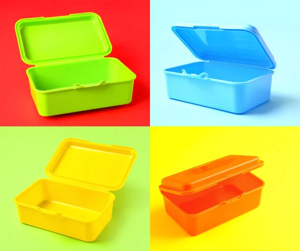 Collage Empty Lunch Boxes Color Background — Stockfoto