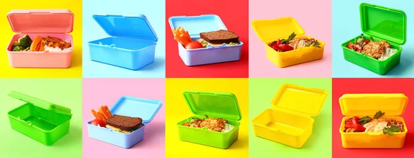 Collage Lunch Boxes Healthy Food Color Background — Stock Photo, Image