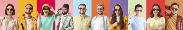 Set Different People Stylish Sunglasses Color Background — ストック写真