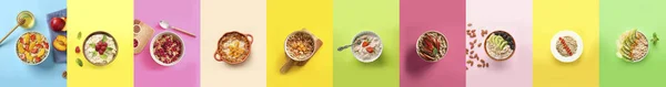 Collection Bowls Tasty Oatmeal Color Background Top View — Fotografia de Stock