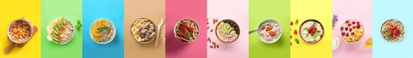 Set Bowls Tasty Oatmeal Color Background Top View — Stok fotoğraf