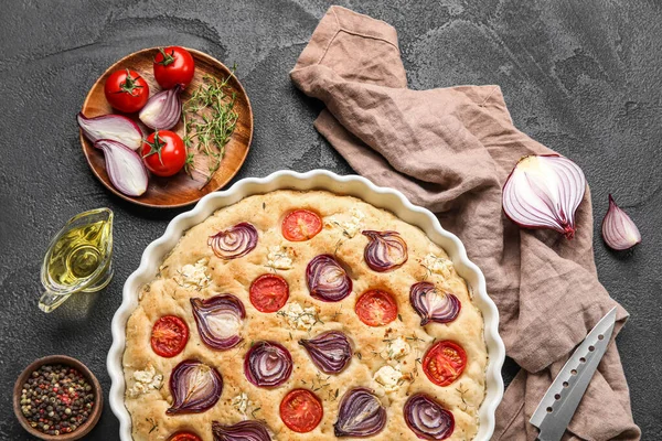 Composition Delicious Italian Focaccia Ingredients Dark Background — Stock Photo, Image