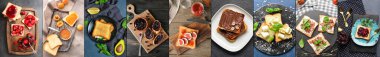 Collage of tasty toasts with jam, chocolate paste, butter, bacon and herbs, top view