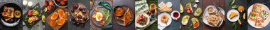 Collage of tasty toasts with jam, peanut butter, honey, eggs, fruits and vegetables on dark background