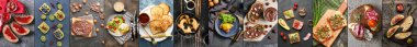 Collage of tasty toasts with jam, fruits, chocolate paste, honey, sausages, mushrooms and vegetables on dark background
