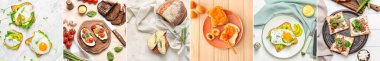 Set of tasty toasts with bacon, cheese, eggs, vegetables and jam on light background, top view