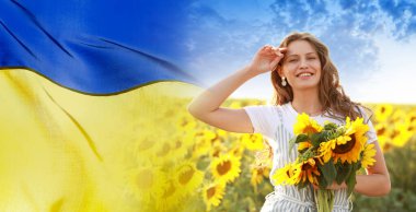 Collage with beautiful young woman in sunflower field and flag of Ukraine