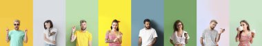 Set of different tattooed people on colorful background