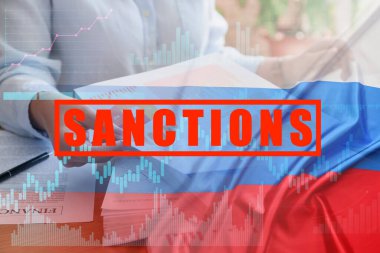 Double exposure of businesswoman with documents and Russian flag. Concept of Ukraine-Russia-related sanctions