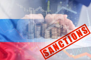 Double exposure of businessman with money and Russian flag. Concept of Ukraine-Russia-related sanctions