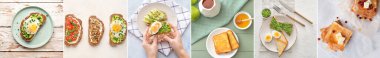 Set of tasty toasts with eggs, mushrooms, avocado, cheese, honey and berries on light background, top view