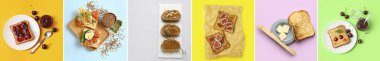 Collage of tasty sandwiches with jams, butter, honey, eggs and vegetables on color background, top view