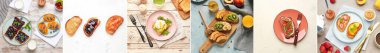 Set of tasty toasts with vegetables, cheese, jams and fruits on light background, top view