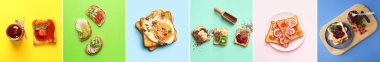 Collage of tasty sandwiches with jams, flax seed, vegetables and cheese on color background, top view