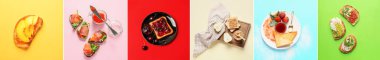 Collage of tasty sandwiches with jams, salmon, red caviar, vegetables and cheese on color background, top view