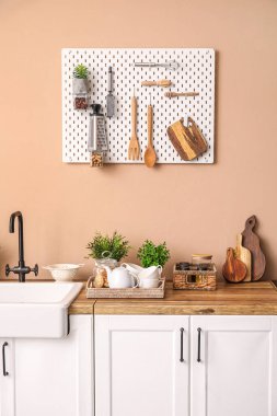 Kitchen counters with sink, houseplants and utensils near beige wall