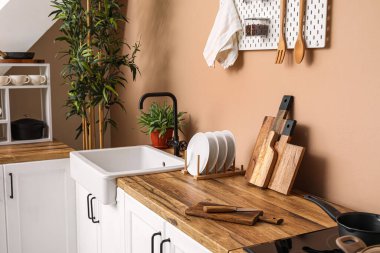Kitchen counters with sink and utensils near beige wall