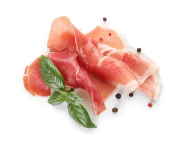 Slice of delicious jamon on white background