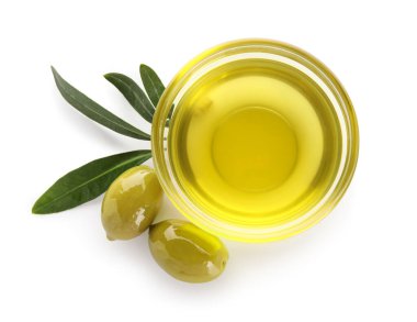 Bowl of fresh olive oil isolated on white background