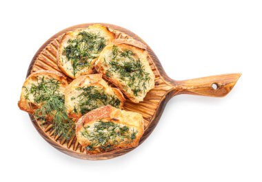 Wooden board of toasts with garlic and dill on white background