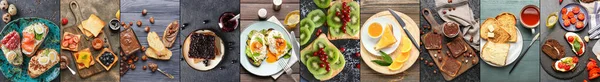 Collage Tasty Toasts Jam Chocolate Paste Fruits Eggs Butter Vegetables — ストック写真