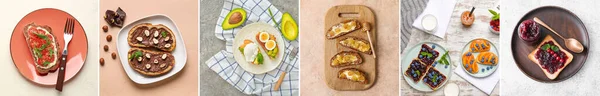 Set Tasty Toasts Eggs Avocado Cheese Butter Honey Chocolate Paste — ストック写真