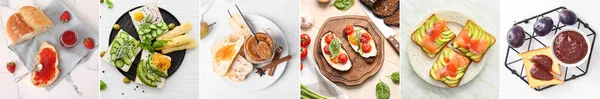 Set Tasty Toasts Egg Avocado Vegetables Seafood Jams Light Background — Stockfoto