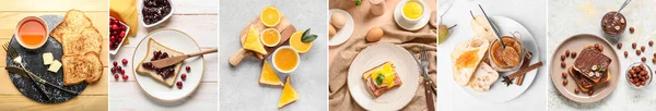 Set Tasty Toasts Egg Bacon Butter Honey Chocolate Paste Jams — 스톡 사진