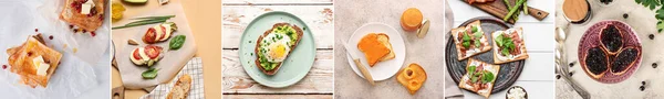 Set Tasty Toasts Egg Avocado Bacon Cheese Jams Light Background — Stockfoto