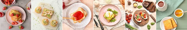 Set Tasty Toasts Egg Avocado Shrimps Honey Jams Light Background — 스톡 사진
