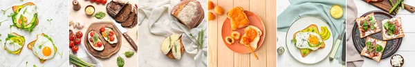 Set Tasty Toasts Bacon Cheese Eggs Vegetables Jam Light Background — 스톡 사진
