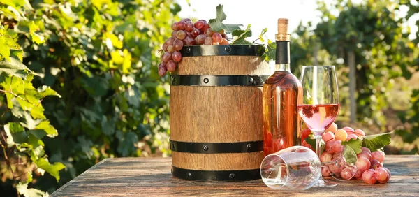 Barrel Glasses Bottle Tasty Wine Grapes Table Vineyard — Zdjęcie stockowe