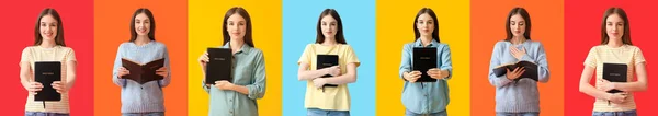 Набор Молодой Женщины Библией Цветном Фоне — стоковое фото