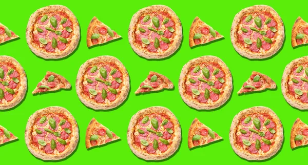 Many Tasty Pizzas Slices Green Background Pattern Design — Zdjęcie stockowe