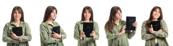 Set Young Woman Bible Isolated White — Photo
