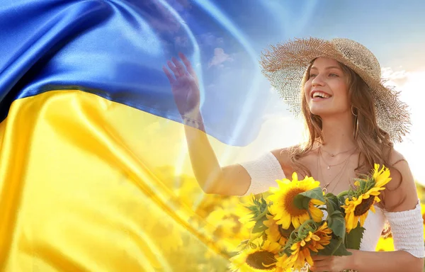 Double Exposure Beautiful Young Woman Sunflower Field Flag Ukraine — Stok fotoğraf