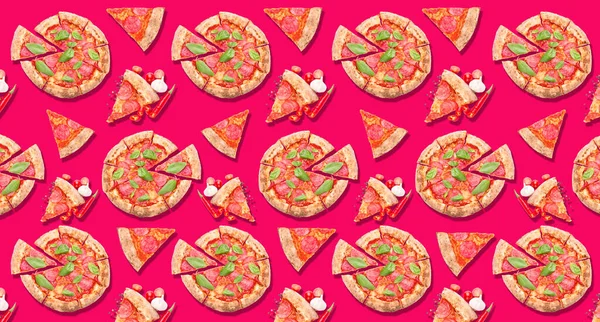 Many Tasty Pizzas Slices Bright Pink Background Pattern Design — Zdjęcie stockowe