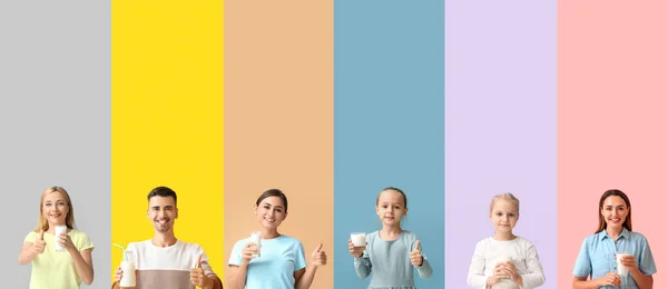 Set of people with fresh milk on colorful background