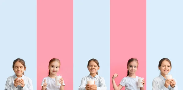 Set Little Girls Fresh Milk Colorful Background — Stockfoto