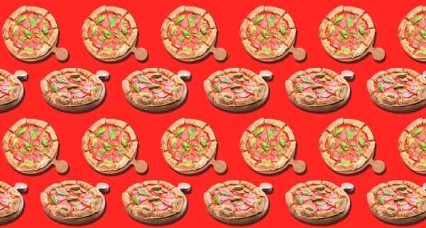 Many Tasty Pizzas Red Background Pattern Design — Stock fotografie