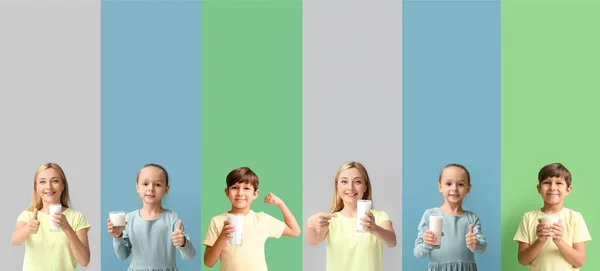 Set People Fresh Milk Colorful Background — Foto de Stock
