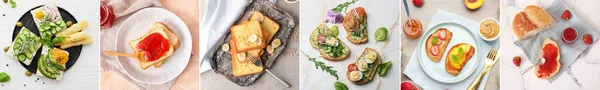 Set Tasty Toasts Jams Fruits Cheese Eggs Vegetables Light Background — Stockfoto